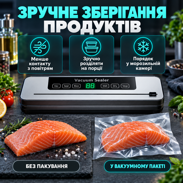 Вакууматор бытовой для сухих/влажных продуктов с УФ-стерилизацией дисплеем и резаком Vacuum Sealer 120 Вт автоматический вакуумный упаковщик + 5 пакетов - изображение 2