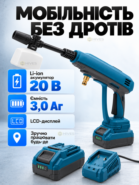 Аккумуляторная мойка высокого давления для авто 30 бар 20 В, 3,0 л/мин, бесщеточная, алюминиевая помпа, АКБ 3,0 Ач, кейс, пенная насадка - изображение 3