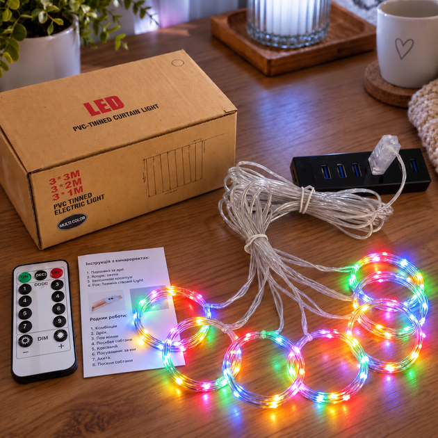 Гірлянда Штора Роса від USB, 3x1 метри, 100 LED, Різнобарвний - зображення 2