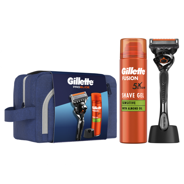 Подарунковий набір: станок для гоління Gillette ProGlide, Гель для гоління Gillette Fusion5 200 мл, Підставка, Косметичка - Фото 1 Подарунковий набір: станок для гоління Gillette ProGlide, Гель для гоління Gillette Fusion5 200 мл, Підставка, Косметичка - изображение 1