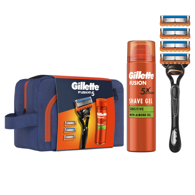 Подарунковий набір: станок для гоління Gillette Fusion5 з 4 картриджами, Гель для гоління Gillette Fusion5 200 мл + Косметичка - Фото 1 Подарунковий набір: станок для гоління Gillette Fusion5 з 4 картриджами, Гель для гоління Gillette Fusion5 200 мл + Косметичка - изображение 1