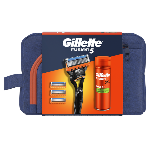 Подарунковий набір: станок для гоління Gillette Fusion5 з 4 картриджами, Гель для гоління Gillette Fusion5 200 мл + Косметичка - Фото 2 Подарунковий набір: станок для гоління Gillette Fusion5 з 4 картриджами, Гель для гоління Gillette Fusion5 200 мл + Косметичка - изображение 2