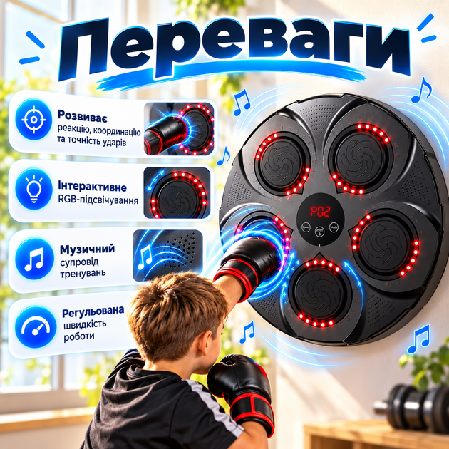 Настенный музыкальный тренажер для бокса 35×35 см 5 Вт с RGB-подсветкой, 9 режимов - изображение 2