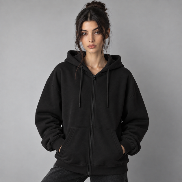 Худи зип без флиса черное женское XL-2XL (HzBLw) - Фото 1 Худи зип без флиса черное женское XL-2XL (HzBLw) - изображение 1