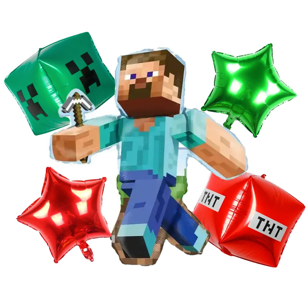 Набор фольгированных воздушных шаров Майнкрафт Minecraft, комплект из 5 шаров для декора - Фото 1 Набор фольгированных воздушных шаров Майнкрафт Minecraft, комплект из 5 шаров для декора - изображение 1