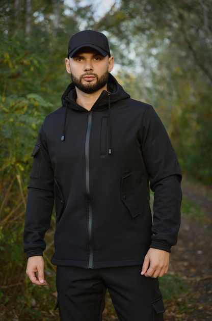 Чоловічий утеплений чорний костюм Softshell на флісі куртка та штани для повсякденного носіння 2XL - Фото 5 Чоловічий утеплений чорний костюм Softshell на флісі куртка та штани для повсякденного носіння 2XL - зображення 5