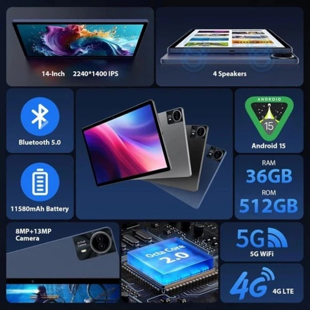 Планшет 14'' 2.5K Rushar A140 12+24/512Gb 4G 2-SIM 8-ядер Android 15 11580 mAh Темно-синій (102391480) - Б/В - Фото 2 Планшет 14'' 2.5K Rushar A140 12+24/512Gb 4G 2-SIM 8-ядер Android 15 11580 mAh Темно-синій (102391480) - Б/В - зображення 2