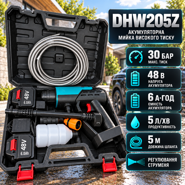 Аккумуляторная минимойка DHW205Z 30 бар мойка высокого давления 48 В с 2 аккумуляторами 6 А·ч портативная автомойка 230 л/ч с 6 режимами распыления и шлангом 5 м для авто мотоциклов велосипедов сада фасадов террас - Фото 1 Аккумуляторная минимойка DHW205Z 30 бар мойка высокого давления 48 В с 2 аккумуляторами 6 А·ч портативная автомойка 230 л/ч с 6 режимами распыления и шлангом 5 м для авто мотоциклов велосипедов сада фасадов террас - изображение 1