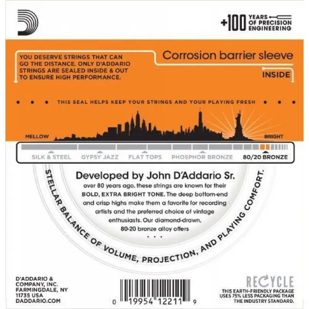 Струны D'Addario EJ10 для акустической гитары, 80/20 Bronze, Extra Light 10-47 - изображение 3