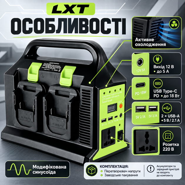 Перетворювач напруги LXT 300 Вт 12–220 В для акумуляторів 18 В з USB PD розеткою та LED-ліхтарем - зображення 2