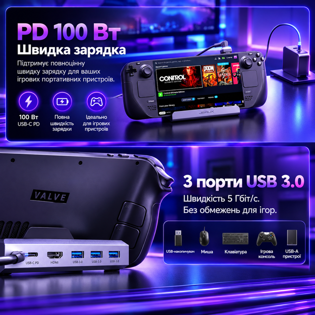 Оригинальная док-станция JSAUX HB0603S 6-в-1 для Steam Deck, ROG Ally/X, Legion Go, HDMI 2.1 4K 120 Гц, PD 100 Вт - изображение 9