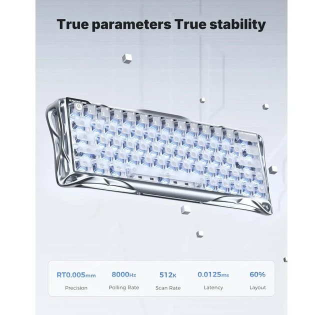 Магнитная клавиатура GravaStar Mercury V60 Pro Sliver Frost, алюминиевая, 65%, Hall Effect, Rapid Trigger, 8000 Гц опроса, RGB - изображение 6