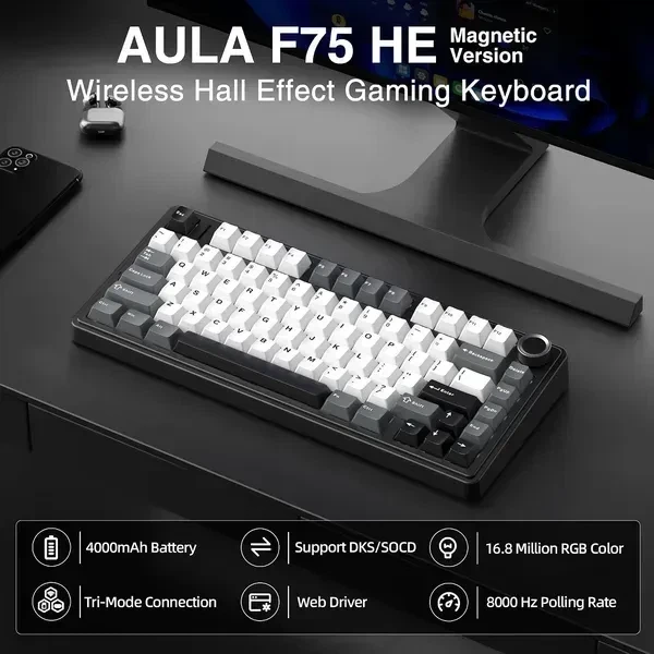 Магнітна клавіатура Aula F75 HE Black Grey White, Hall Effect, Rapid Trigger, 8000 Гц опитування, RGB підсвічування - Фото 4 Магнітна клавіатура Aula F75 HE Black Grey White, Hall Effect, Rapid Trigger, 8000 Гц опитування, RGB підсвічування - зображення 4