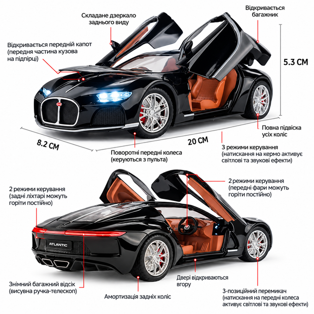 Радиоуправляемая машинка Bugatti Atlantic 1:24 — металлическая RC модель спорткара Die-Cast на пульте, свет, звук, коллекционный автомобиль - Фото 5 Радиоуправляемая машинка Bugatti Atlantic 1:24 — металлическая RC модель спорткара Die-Cast на пульте, свет, звук, коллекционный автомобиль - изображение 5