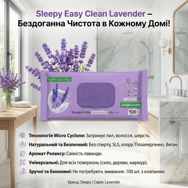 Вологі серветки для прибирання Sleepy Easy Clean Lavander 100 шт. - Фото 2 Вологі серветки для прибирання Sleepy Easy Clean Lavander 100 шт. - зображення 2