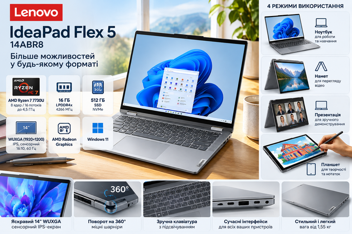 Ноутбук-трансформер Lenovo IdeaPad Flex 5 14ABR8 14" WUXGA Touch / Ryzen 7 7730U / 16GB / 512GB SSD / Windows 11 - Б/У - изображение 4