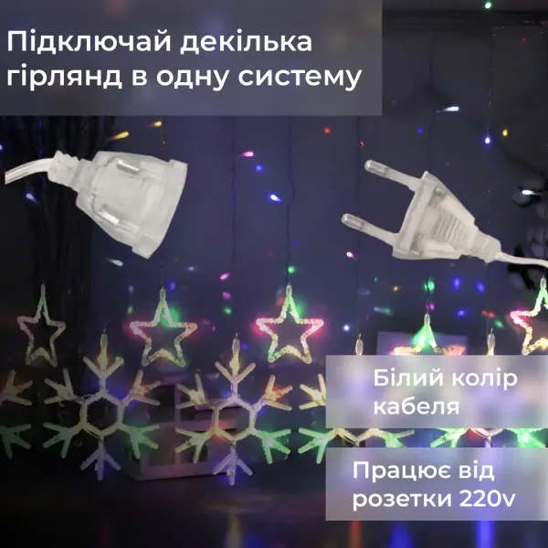 Гірлянда-штора Зірки та сніжинки розмір 3*0,9 м 10 фігур, мультиколор(1733065ML)(PR) - Фото 5 Гірлянда-штора Зірки та сніжинки розмір 3*0,9 м 10 фігур, мультиколор(1733065ML)(PR) - изображение 5