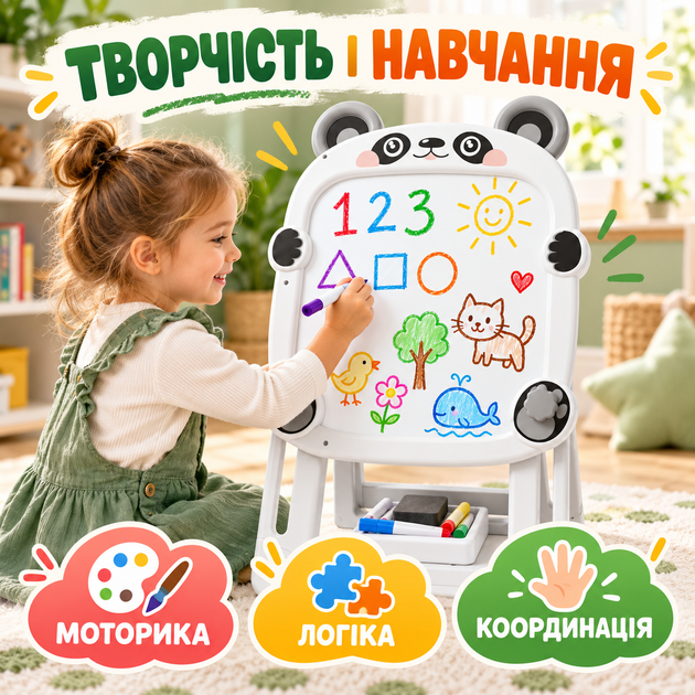 Детский двусторонний мольберт для рисования и обучения с регулировкой высоты, доска для маркеров и мела с набором аксессуаров, карточками и наклейками для творчества - изображение 5