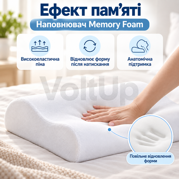 Ортопедическая анатомическая подушка Memory Pillow 48×28×9/7 см с эффектом памяти и съемной хлопковой наволочкой - изображение 2