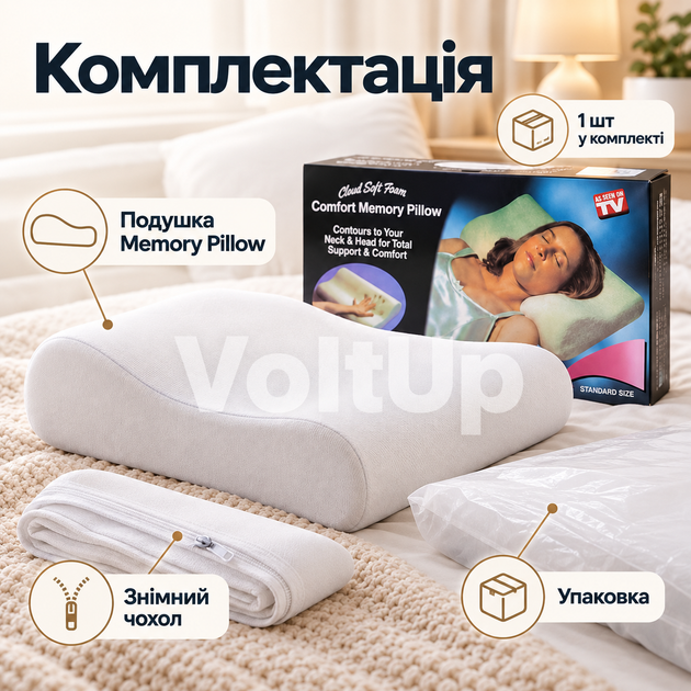 Ортопедическая подушка Memory Pillow 47×30×10/7 см с эффектом памяти, анатомической пеной и съемной хлопковой наволочкой - Фото 5 Ортопедическая подушка Memory Pillow 47×30×10/7 см с эффектом памяти, анатомической пеной и съемной хлопковой наволочкой - изображение 5