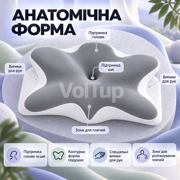 Ортопедическая анатомическая подушка Ergo Sleep Memory Pillow 50×30 см с эффектом памяти, местом для рук и наволочкой на молнии - изображение 2