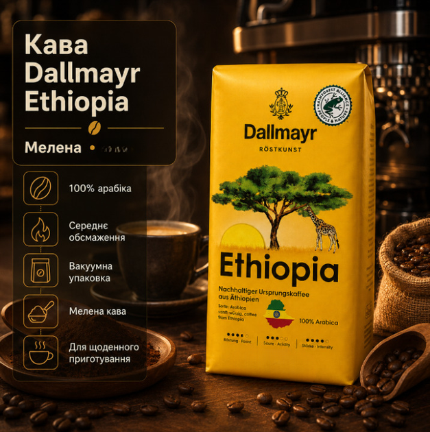 Мелена кава Dallmayr Ethiopia 515 г арабіка 100% натуральна середнього обсмажування ароматна у вакуумній упаковці фруктові квіткові відтінки збалансований м’який смак легка кислинка тривалий післясмак - Фото 2 Мелена кава Dallmayr Ethiopia 515 г арабіка 100% натуральна середнього обсмажування ароматна у вакуумній упаковці фруктові квіткові відтінки збалансований м’який смак легка кислинка тривалий післясмак - зображення 2