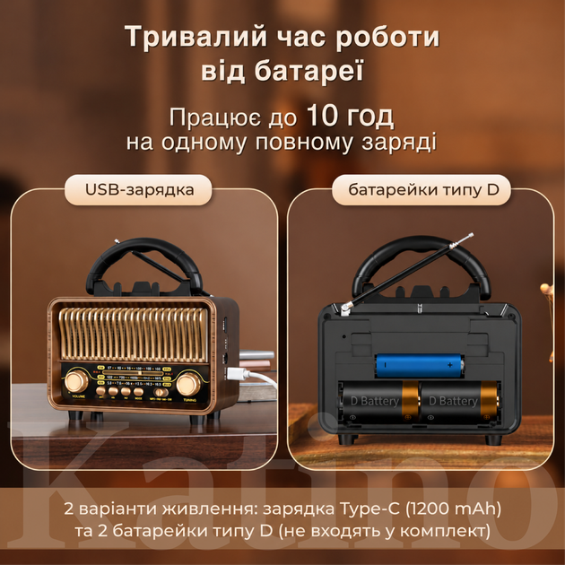 Радіоприймач портативний Коричневий Bluetooth 5.4 FM/AM/SW, USB/TF Акумуляторний з підставкою для телефону (20016) - изображение 5