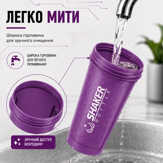 Шейкер APX ShakerBottle 109, спортивний, 400 мл, з металевим віночком для змішування, BPA Free, фіолетовий - зображення 8