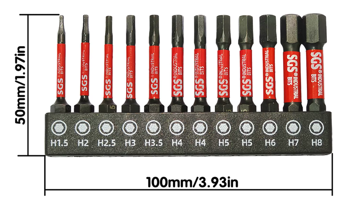 Набір шестигранних ударних біт SGS Industrial S2 HEX (H1.5–H8) 50 мм, 12 шт. (з тримачем) - Фото 5 Набір шестигранних ударних біт SGS Industrial S2 HEX (H1.5–H8) 50 мм, 12 шт. (з тримачем) - зображення 5
