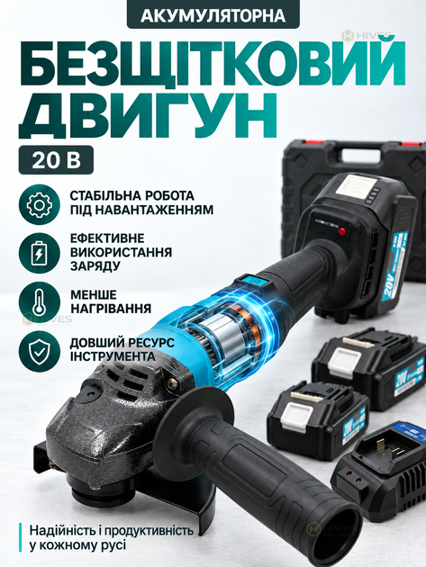 Аккумуляторная болгарка 125 мм 20 В бесщеточная, 2 АКБ 4 А·ч, регулировка оборотов, плавный пуск, зарядное устройство, кейс для хранения - изображение 2