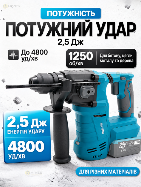 Аккумуляторный перфоратор 20 В безщеточный SDS-Plus 2,5 Дж, 2 аккумулятора 4 Ач, 3 режима, зарядное устройство, кейс для бетона и ремонта - изображение 2