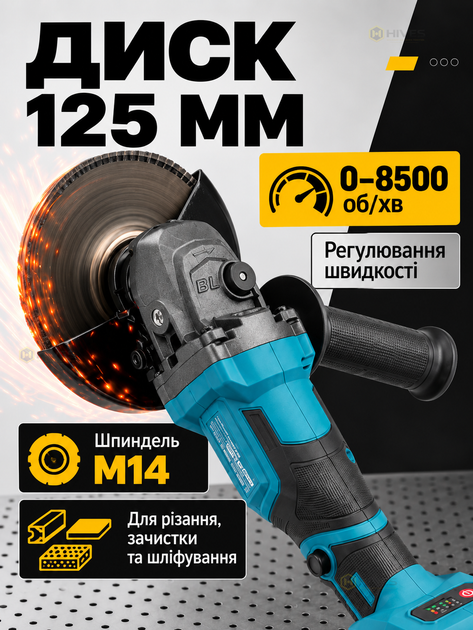 Аккумуляторная болгарка 125 мм 20 В бесщеточная, 2 АКБ 4,0 Ач, 8500 об/мин, регулировка оборотов, зарядное устройство, кожух, кейс для резки - Фото 3 Аккумуляторная болгарка 125 мм 20 В бесщеточная, 2 АКБ 4,0 Ач, 8500 об/мин, регулировка оборотов, зарядное устройство, кожух, кейс для резки - изображение 3