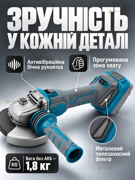 Болгарка аккумуляторная бесщеточная 125 мм 20 В, 1 АКБ 4 Ач, 4500–9500 об/мин, регулировка оборотов, зарядное устройство - изображение 4