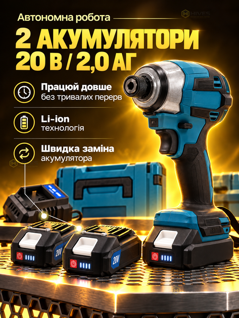 Аккумуляторный импульсный винтоверт 20 В 180 Нм, бесщеточный, 2 аккумулятора 2 Ач, 4 режима, HEX 1/4”, LED-подсветка, реверс, кейс - изображение 4