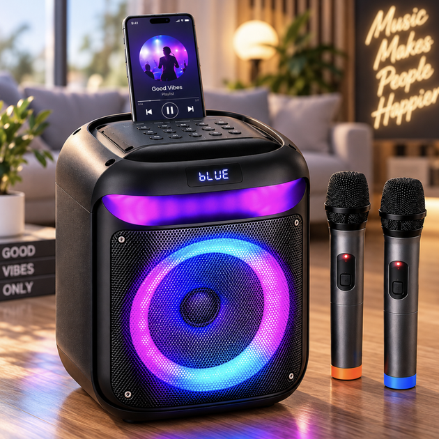 Портативная караоке-колонка с 2 микрофонами, Bluetooth, RGB LED, TWS, 25 Вт, 8" - изображение 5