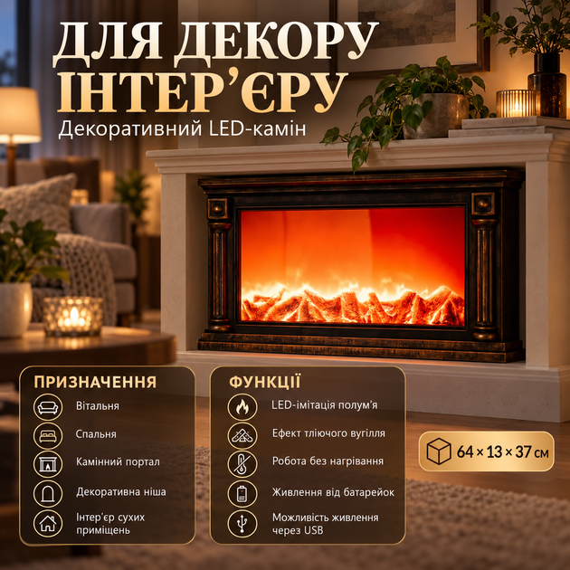 Декоративний камін LED Світлодіодний камін з імітацією полум’я тліючого вугілля підсвіткою 64х13х37 см на батарейках USB для інтер’єру бронзовий - зображення 3