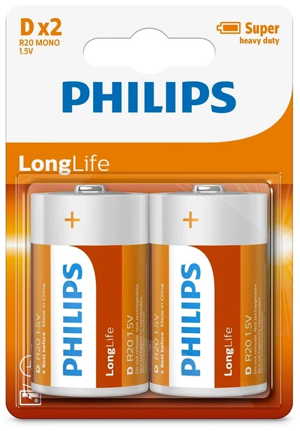 Батарейки Philips LongLife D (R20), 2 шт. - Фото 2 Батарейки Philips LongLife D (R20), 2 шт. - изображение 2