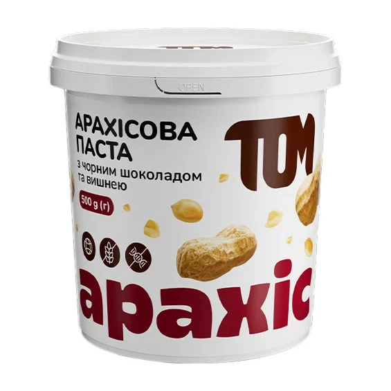 Арахісова паста з чорним шоколадом та вишнею TOM peanut butter 500 г - Фото 1 Арахісова паста з чорним шоколадом та вишнею TOM peanut butter 500 г - зображення 1