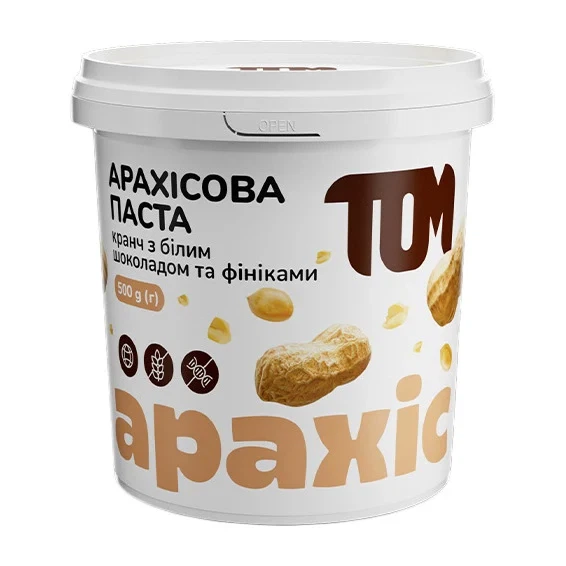 Арахісова паста кранч з фініками та білим шоколадом TOM peanut butter 500 г - Фото 1 Арахісова паста кранч з фініками та білим шоколадом TOM peanut butter 500 г - зображення 1