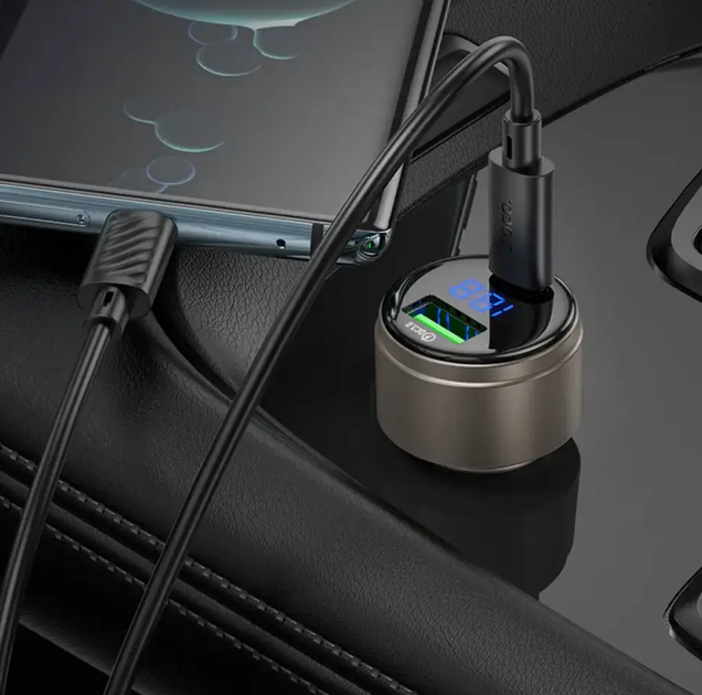 Автомобільний зарядний пристрій HOCO Z57B USB-A + USB-C PD 45W QC3.0 63W з LED-дисплеєм, графітовий - Фото 2 Автомобільний зарядний пристрій HOCO Z57B USB-A + USB-C PD 45W QC3.0 63W з LED-дисплеєм, графітовий - зображення 2