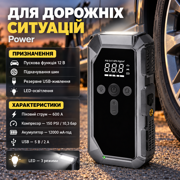 Автомобильный Jump Starter 12 В Пусковой бустер 600 А с компрессором 150 PSI Пускозарядное устройство 12000 мАч Power Bank 5 В 2 А с LED фонарем Type C - изображение 3