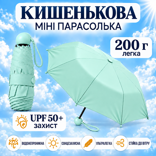 Детский и женский мини-складной карманный зонт Берюзовый 200 г, лёгкая компактная парасолька от дождя и солнца UPF 50+ - Фото 1 Детский и женский мини-складной карманный зонт Берюзовый 200 г, лёгкая компактная парасолька от дождя и солнца UPF 50+ - изображение 1