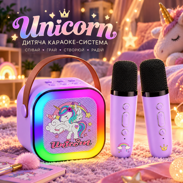 Детская караоке-система Unicorn с 2 беспроводными микрофонами, RGB-подсветкой, портативная, фиолетовая - Фото 1 Детская караоке-система Unicorn с 2 беспроводными микрофонами, RGB-подсветкой, портативная, фиолетовая - изображение 1