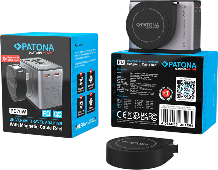 Ładowarka PATONA Platinum PD70W Universal Travel Adapter with Magnetic Cable Reel Grey (4055655261265) - obraz 6