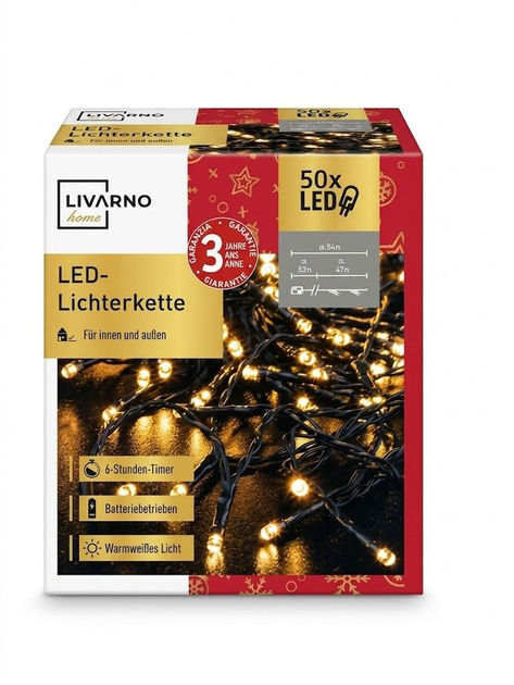 LED гирлянда 50 LED на батарейках, 5,4 м, 8 режимов, таймер 6 ч, теплый белый свет, IP44 - Фото 1 LED гирлянда 50 LED на батарейках, 5,4 м, 8 режимов, таймер 6 ч, теплый белый свет, IP44 - изображение 1