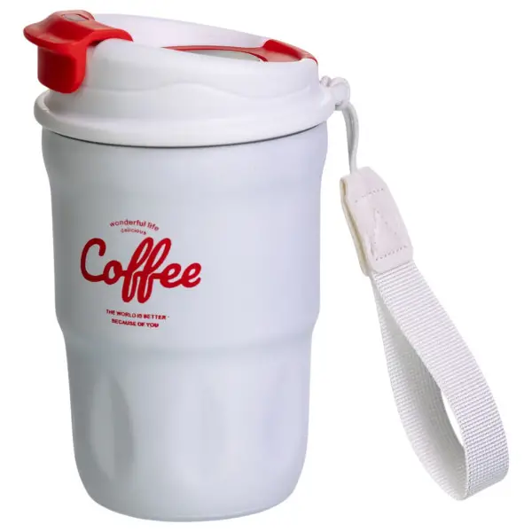 Термочашка "Coffee" 400 мл з ремінцем та відкидною кришкою-клапаном, білий(HP-GM-19)(PR) - Фото 4 Термочашка "Coffee" 400 мл з ремінцем та відкидною кришкою-клапаном, білий(HP-GM-19)(PR) - изображение 4