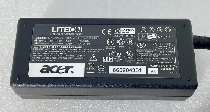 Блок питания для ноутбука Acer 19V 3.42A (65 Вт) штекер 5.5 х 1.7 мм + кабель питания - изображение 2