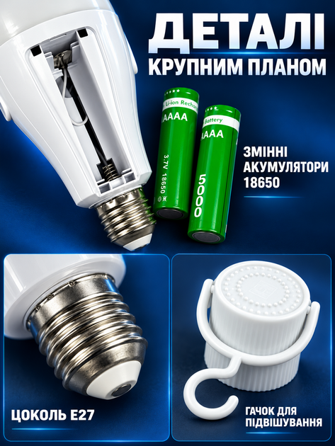 Аккумуляторная аварийная светодиодная LED лампа FAE-3920 20 Вт E27 с 2 аккумуляторами 18650 и крючком автономная лампочка при отключении света холодный белый свет 6500 К для дома дачи гаража офиса кемпинга палатки туризма и блекаута 220В АКБ - изображение 8