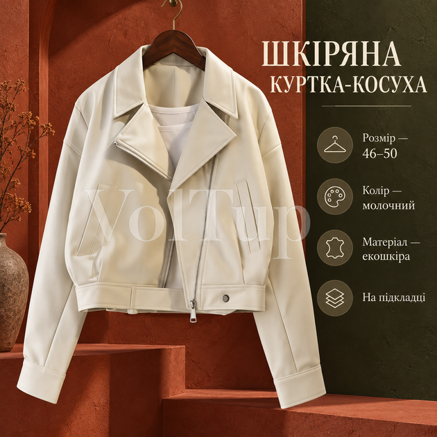 Куртка байкерского типа 46–50 молочного цвета, женская косуха из экокожи на подкладке - Фото 1 Куртка байкерского типа 46–50 молочного цвета, женская косуха из экокожи на подкладке - изображение 1