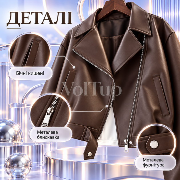 Женская куртка-косуха шоколадного цвета 46–50, модель из экокожи на подкладке - Фото 4 Женская куртка-косуха шоколадного цвета 46–50, модель из экокожи на подкладке - изображение 4